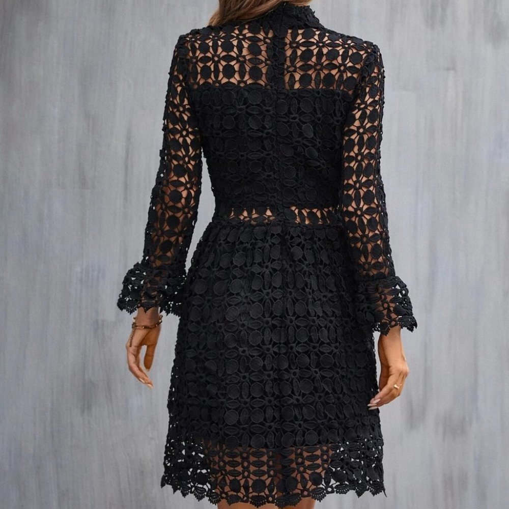 Black Mock Neck Flounce Sleeve Mesh Insert Lace Dress - Picture 6 of 6